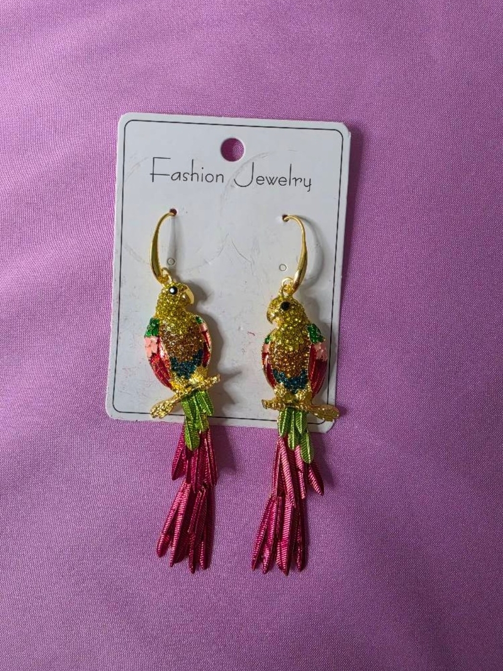 Fashion Jewelry Gold Parrot Dangle Earrings with Pink and Green Tassels